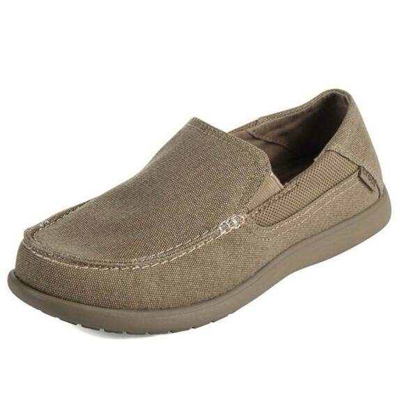 Crocs size 12 Santa Cruz II Luxe Tan Beige Khaki Canvas Slip On Loafers - Picture 1 of 11